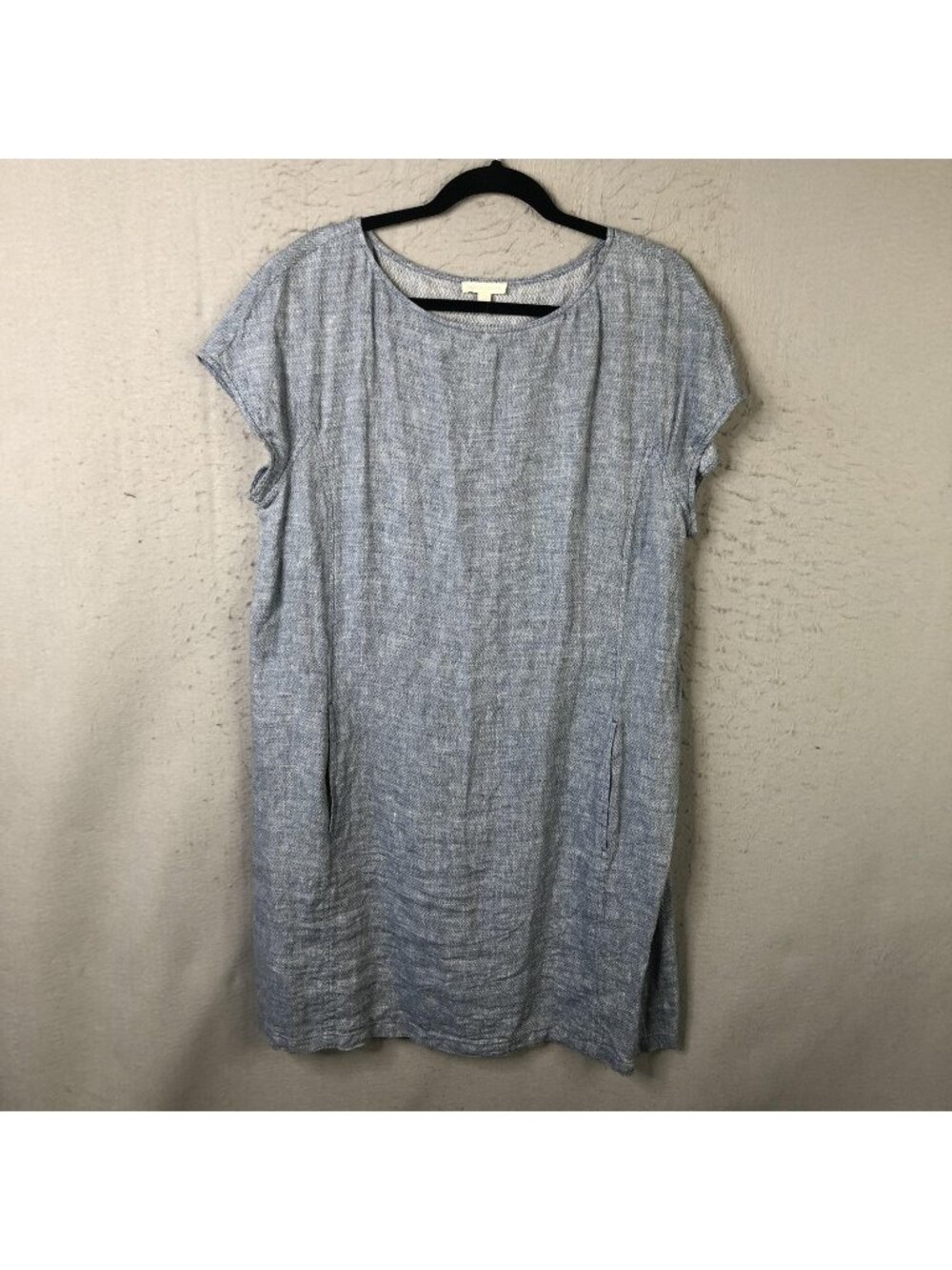 Eileen Fisher Dress Womens L Blue Linen Herringbone Shift Short Sleeve Pockets